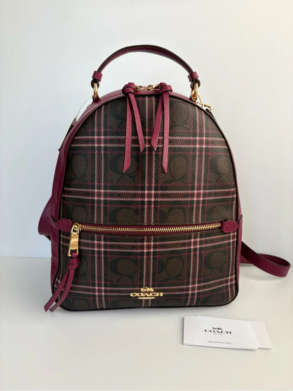 Coach Jordyn Backpack  Signature Plaid Brown/Fuchsia MFSRP $428 NWT